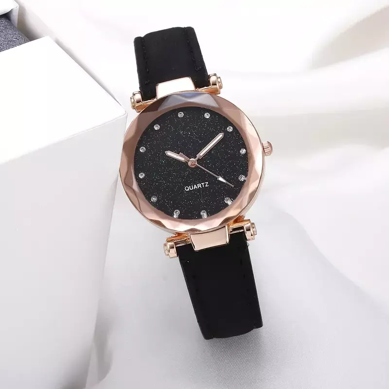 Jam tangan kuarsa merah muda wanita jam tangan bisnis wanita berlian imitasi bintang langit modis kasual jam tangan hadiah Natal romantis
