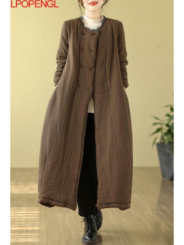 Ethnic Style Cotton Clothing Women's Winter Literary Retro Loose Casual Versatile Temperament Thick Double Breasted Long Coat