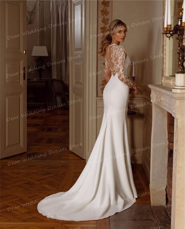 2024 Elegant Wedding Dresses Women's Mermaid Satin Sexy High Neck Backless Lace Long Sleeve Princess Formal Bridal Gowns Vestido