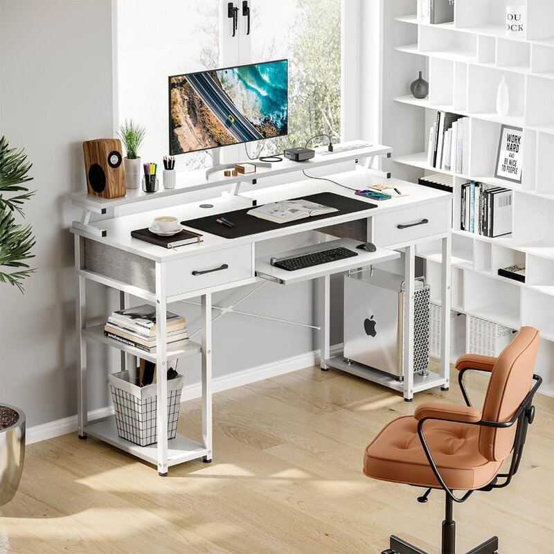 مكتب كمبيوتر مع منفذ شحن USB وصينية لوحة مفاتيح ، مكتب كتابة ، درجين ، حامل شاشة ، دراسة ، 48 بوصة