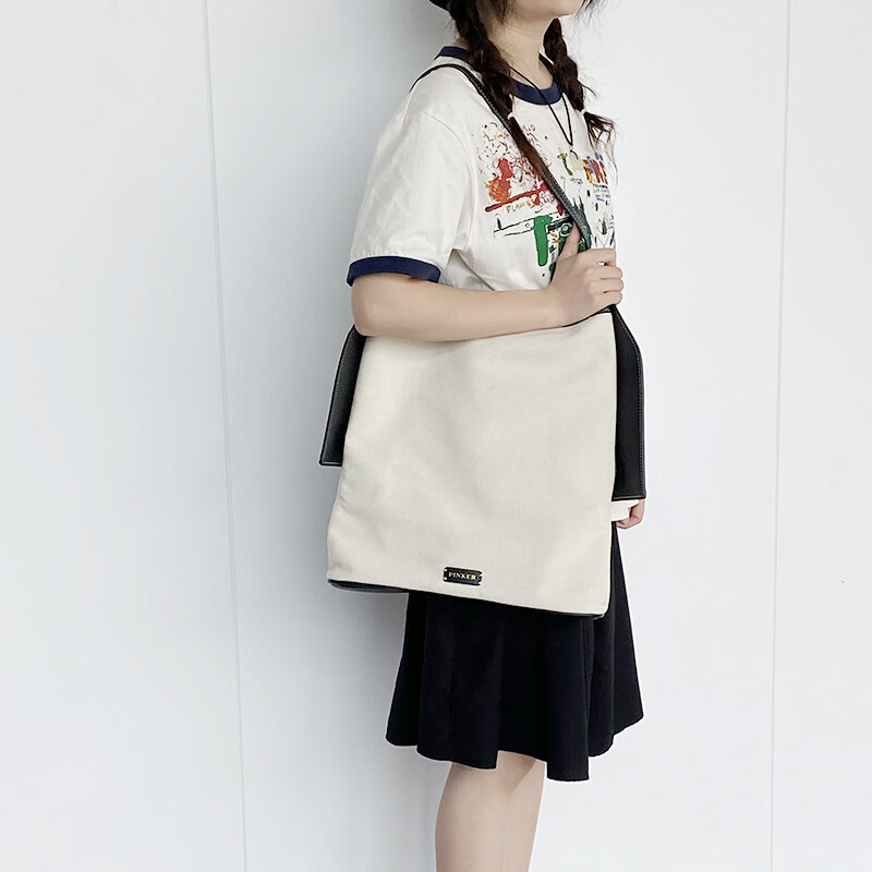 PINKER, featuring high-end design PU and canvas ear hanging tote bag, Korean style large capacity shoulder bag