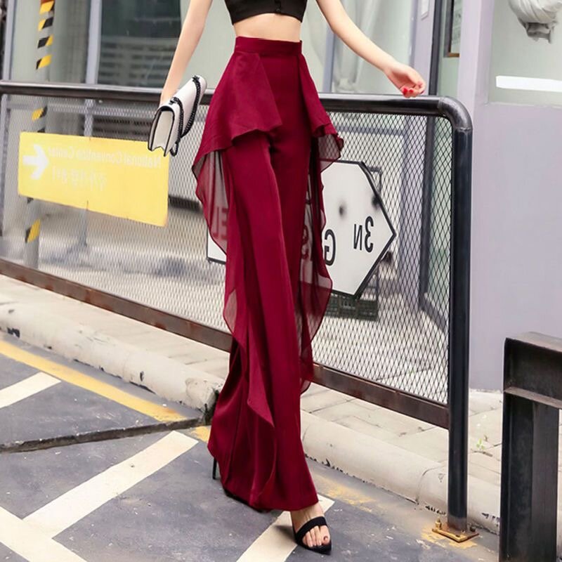 กางเกงเอวสูงผ้าชีฟองแต่งระบายทรงหลวมสำหรับผู้หญิงกางเกงลำลองขายาวอเนกประสงค์กางเกงขาบานผู้หญิง celana Fashion Korea