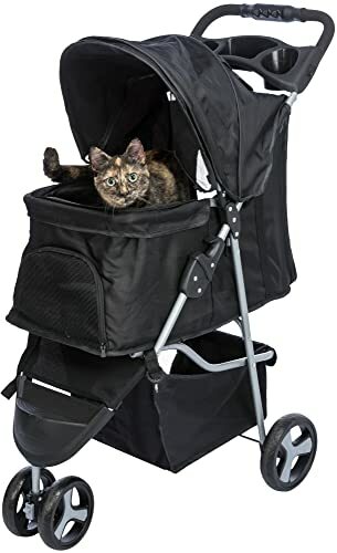 Foldable Pet Stroller for Cats and Dogs, Pet Carrier Strolling Cart with Weather Cover, Storage Basket, Cup Holder