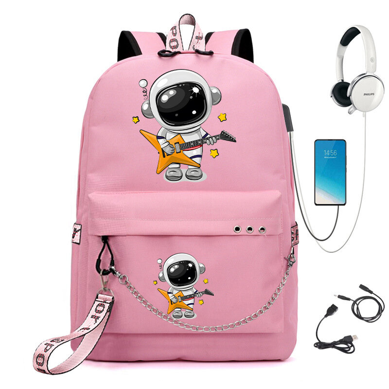 Astronauta dos desenhos animados com mochila escolar de guitarra USB, sacos de viagem para meninas, nova moda