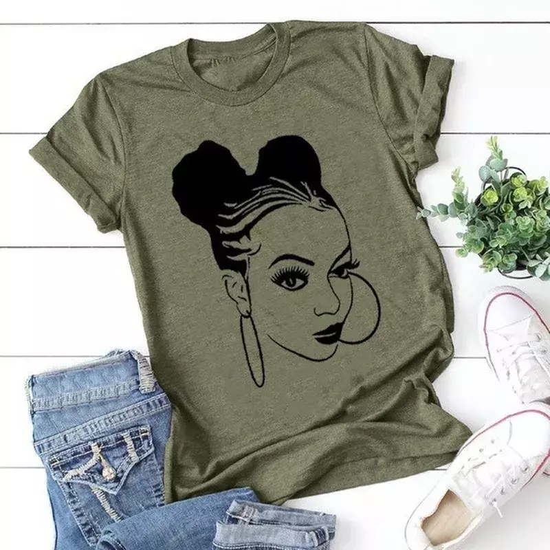 Camiseta Estampada da Menina Africana das Mulheres, Manga Curta, Gola O, Tops Soltos, Camiseta Verão
