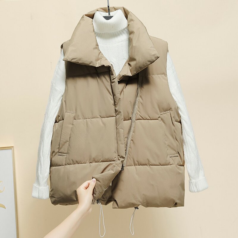 เสื้อกั๊กแจ็คเก็ตหลวมแขนกุดคอปกสีพื้นสำหรับผู้หญิง, เสื้อกั๊กโอเวอร์ไซส์สไตล์เกาหลีสำหรับฤดูหนาว2023
