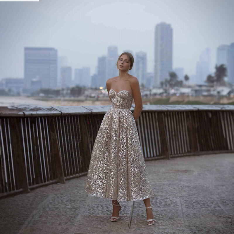Off the Shoulder Sequins Sparkly Pleated Prom Dress for Women Sweetheart Collar A-line Tea-Length Prom Evening Gown فساتين سهرة