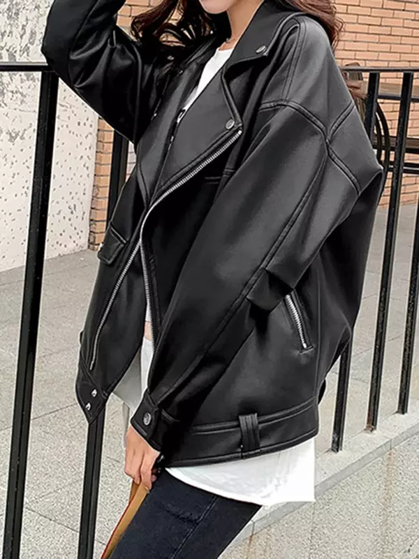 Jaqueta de couro do falso das mulheres casuais plutônio solto motocicleta jaqueta feminina streetwear casaco de grandes dimensões coreano chique nova primavera streetwear