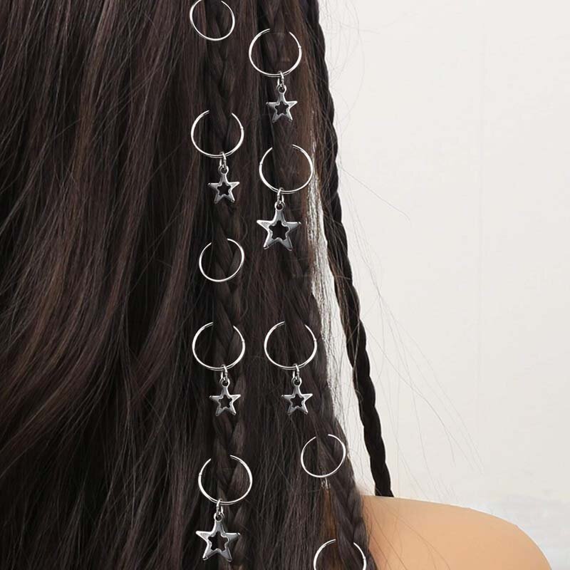 16Pcs/set Silver Five-pointed Star Design Hair Braids for Women Girls Cute Crown Key Letters Pendant Hair Clip DIY Headdress