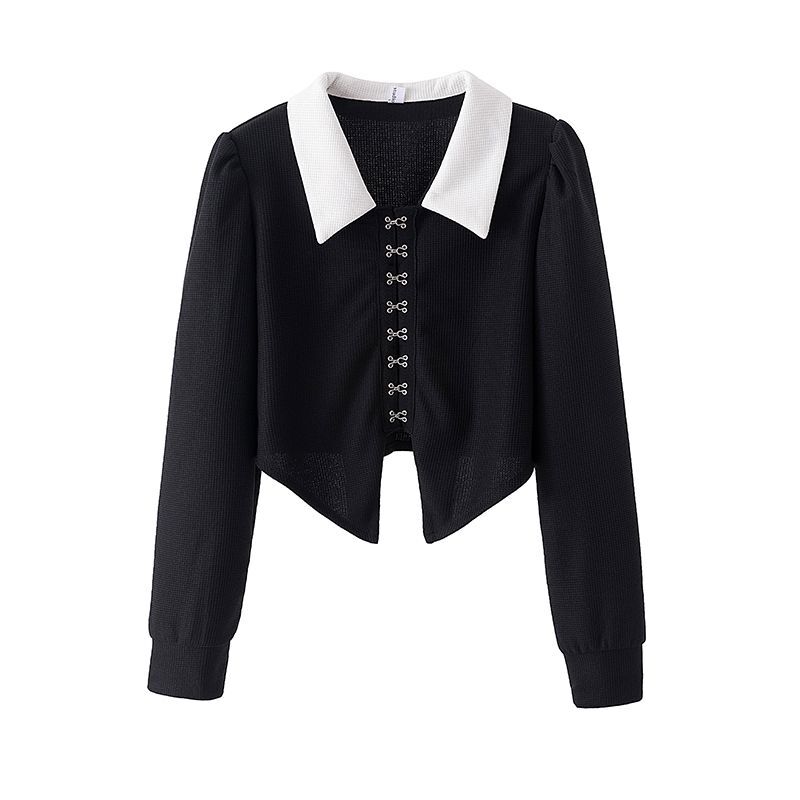 QWEEK corsetto Vintage in stile coreano camicetta fresca camicia nera Top corto a manica lunga da donna elegante Harajuku moda Chic carino