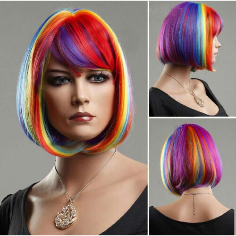Women Wig Short Multicolor Rainbow Straight Ladies Party Hair Full Wig