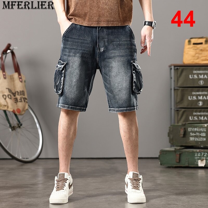 سراويل جينز فضفاضة للرجال ، جينز صيفي ، أزياء الشارع الشهير ، بنطلون قصير ، مقاس كبير 44 ، مقاس كبير 44 ، مقاس كبير 44