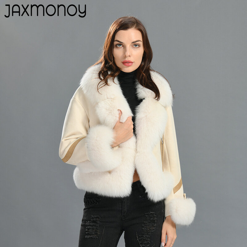 Jaxmonoy-abrigo de piel de zorro Real para mujer, chaqueta de plumón de pato Blanco cálido, prendas de vestir exteriores de manga completa sólidas a la moda, nuevo estilo, invierno, 2022