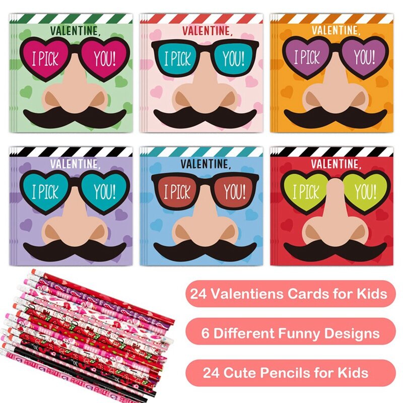 Divertente Set di regali di san valentino per la raccolta del naso per bambini-24 carte di san valentino e 24 matite Set-ti Pick occhiali per baffi