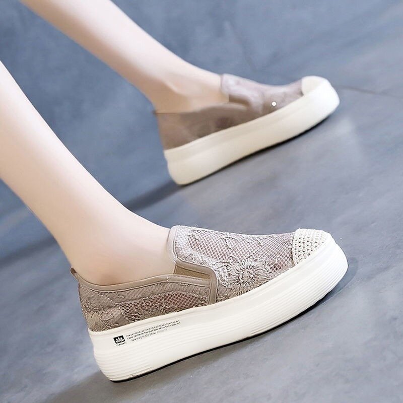 Comemore 2024 Comfortable Spring Summer New Women's Flat Shoes Thick Bottom Lace Mesh Loafers Shoe Female Slip on Sneakers Black