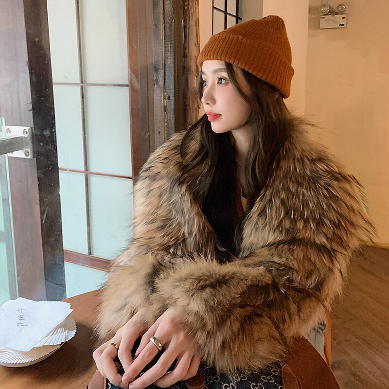 Natural Raccoon Fur Spokes Real Fur Coat Winter Women's Short Large Lapel European and American Style Short 2022 Street Hipster