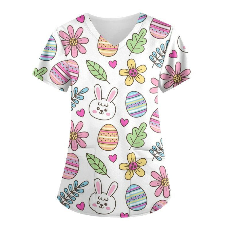 2024 Easter Floral Print T Shirt Tops Summer Working Uniform Animal Printed Slim Top Women Work Wear Nurse Uniforms Nursing