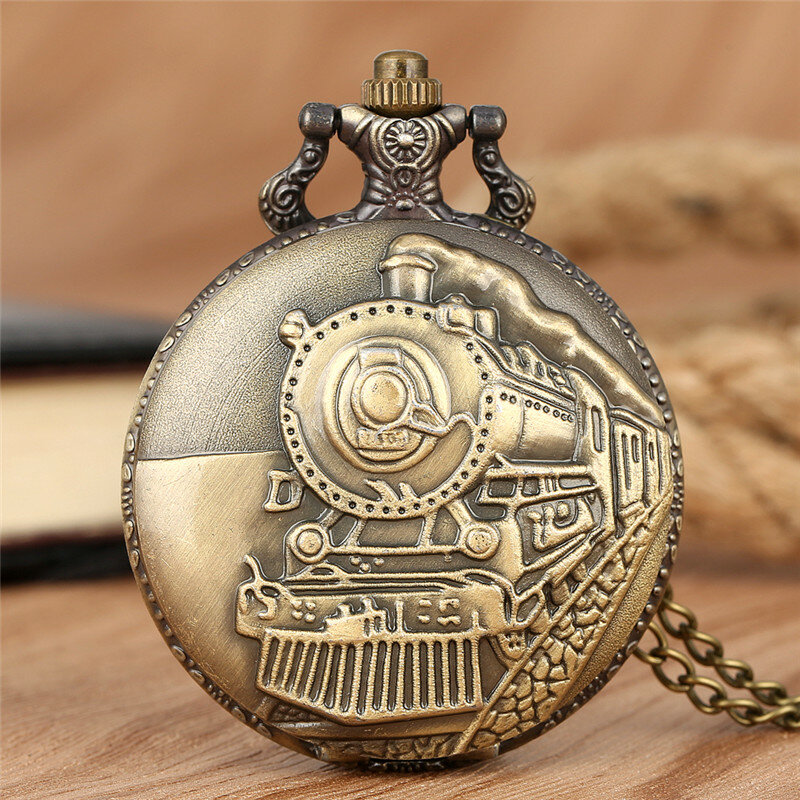 Steampunk Locomotive Engine Train Men Women Quartz Pocket Watch Necklace Chain Pendant Clock Arabic Number Display Timepiece