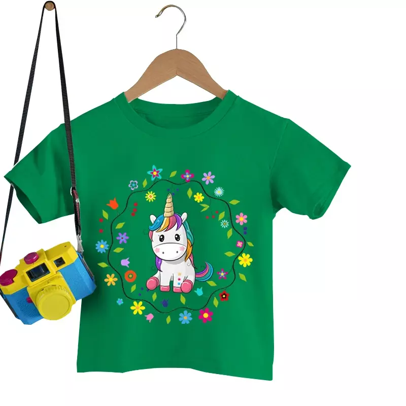 男の子と女の子のための花フレームプリントTシャツのユニコーンプリントTシャツ、赤ちゃんと男の子のためのかわいいラップトップ、カジュアルウェア