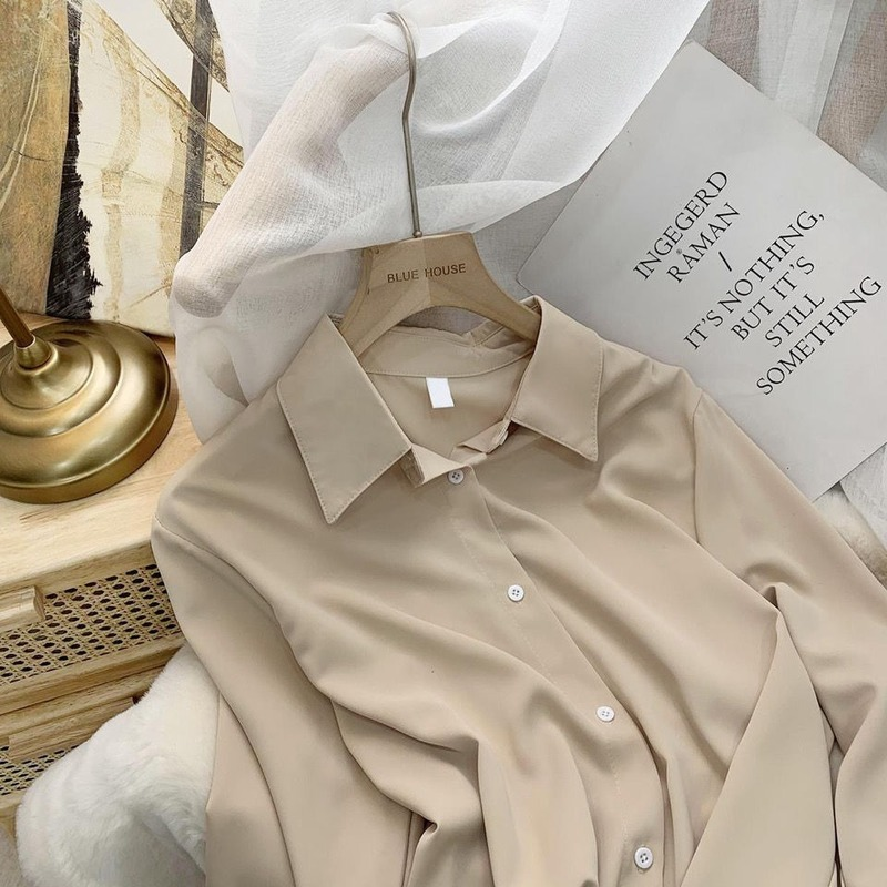 XEJ-Chemisier blanc en mousseline de soie pour femme, chemise à manches longues, mode coréenne, solide, document, Niche At, chemise femme Plus TAN2022