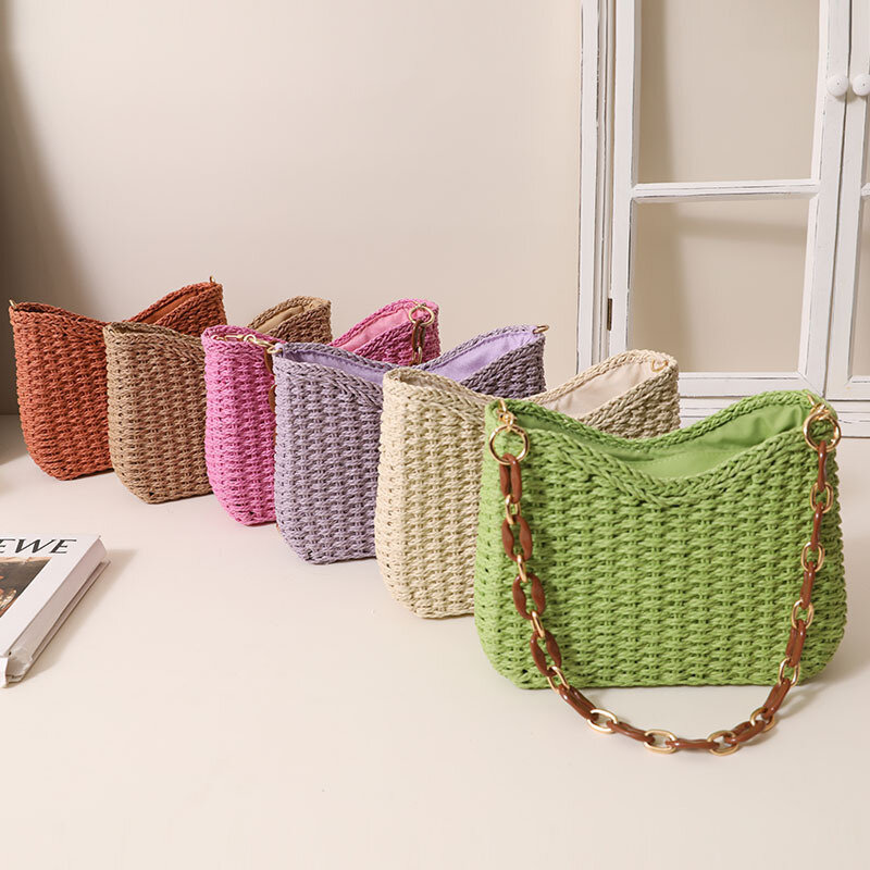 Соломенные пляжные сумки 2023, Женская акриловая сумка-тоут на цепочке, модные повседневные дизайнерские сумки, плетеная сумка на плечо карамельных цветов