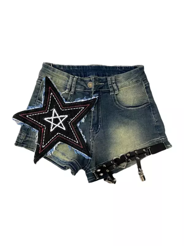 Retro Punk Y2K Millennium Spicy Girl Denim Shorts Women's Summer New High Waist Slim Star Wide Leg Hot Pants