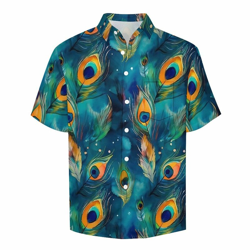 Повседневная пляжная рубашка с акварельными перьями павлина, свободная рубашка с абстрактным рисунком, летние блузки с коротким рукавом, одежда оверсайз с графическим принтом
