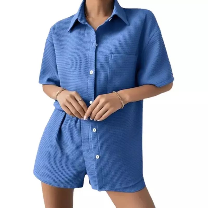 Womens Set Summer Temperament Leisure Home New Lapel Home Shorts Suit for Women