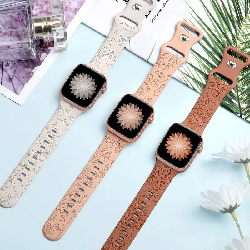 Engraved Floral for Apple Watch Band 44mm 45mm 49mm Sunflower Morning Glory Silicone Bracelet Iwatch Series 9 8 7 Se 6 5 Ultra 2