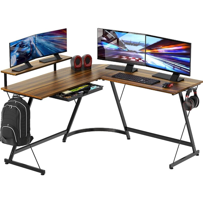 SHW Vista L-образный стол с подставкой для монитора, ореховый цвет