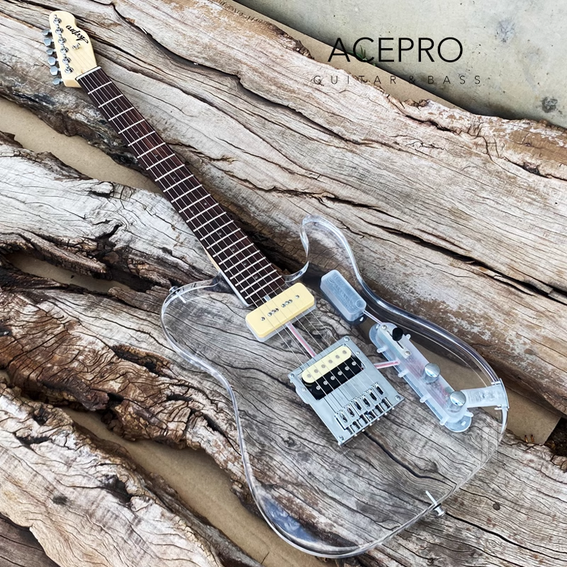 Acepro gitar listrik akrilik LED warna-warni, Guitarra badan kristal akrilik Bening, leher Maple, Fretboard Rosewood, gratis pengiriman