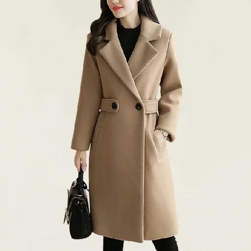 Winter Coat Women Overcoat Stylish Mid-length Women's Overcoat with Belted Button Closure Turn-down Collar Long Sleeves for Fall