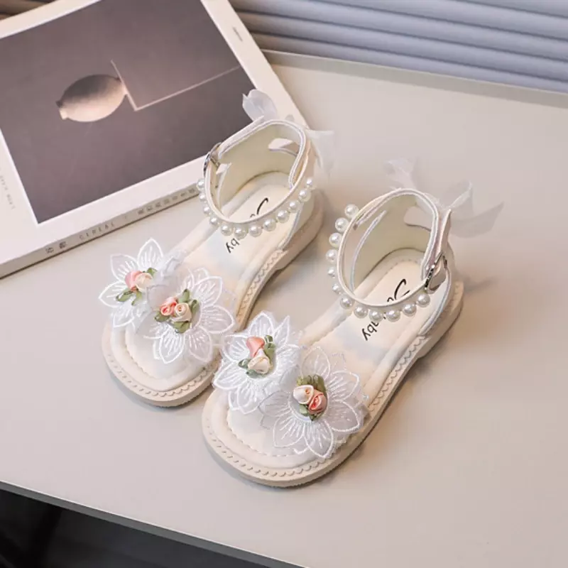 Sandales d'été élégantes pour filles, chaussures pour enfants, mode douce, décontractée, princesse, robe à fleurs, sandales plates romaines, nœud papillon polyvalent