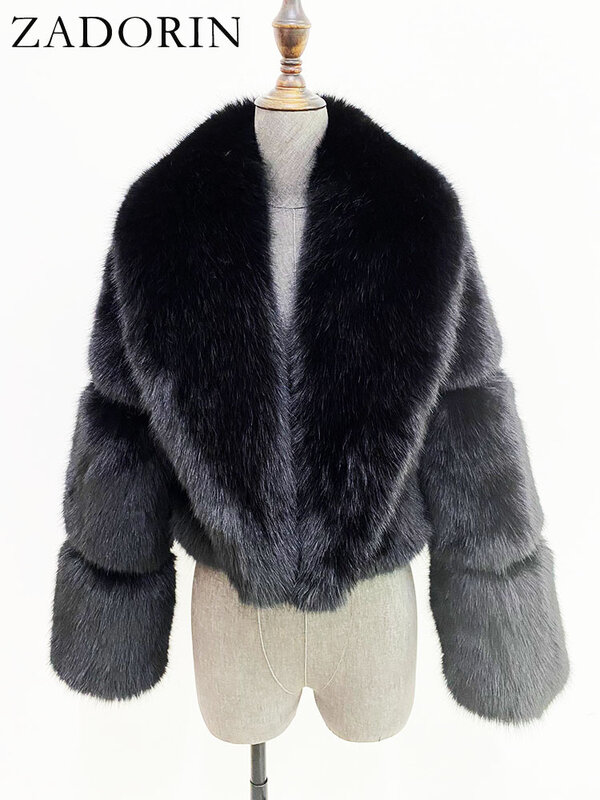 ZADORIN Luxury Designer Clothing Women Cropped Black Faux Fox Fur Coat Women Long Sleeve Fluffy Faux Fur Jacket Winter Fur Coats