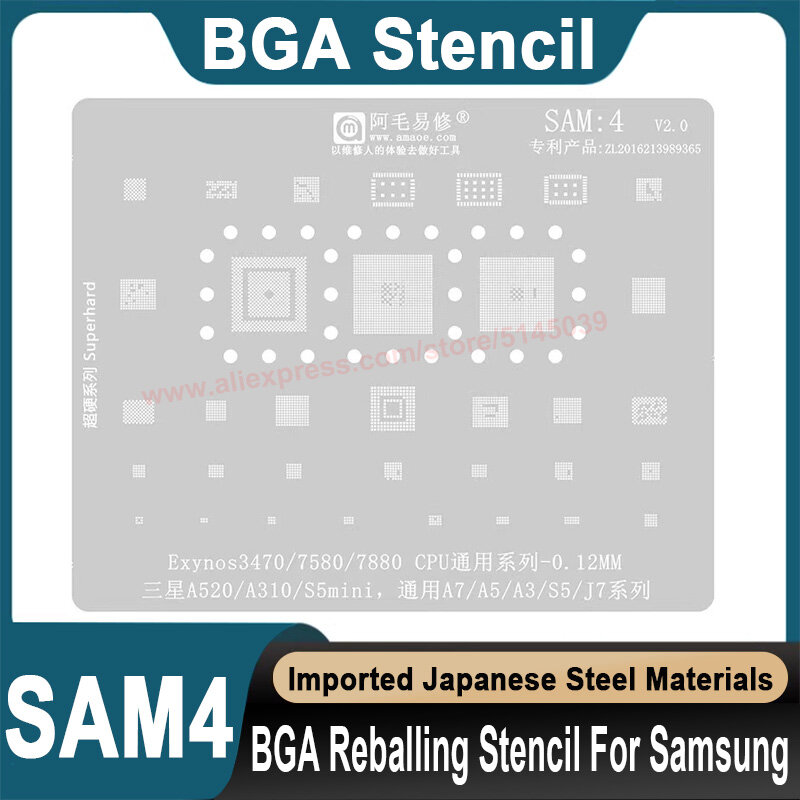Plantilla BGA para Samsung A520, A310, S5 MINI, A7, A3, S5, J7, Exynos 3470, 7580, 7880, plantilla de CPU, Replantación de cuentas de estaño, plantilla BGA