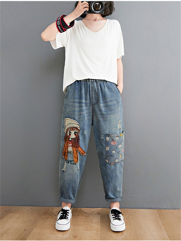 Женские джинсовые брюки с вышивкой, модные повседневные бриджи с высокой талией и карманами, синие шаровары для мам, 6537