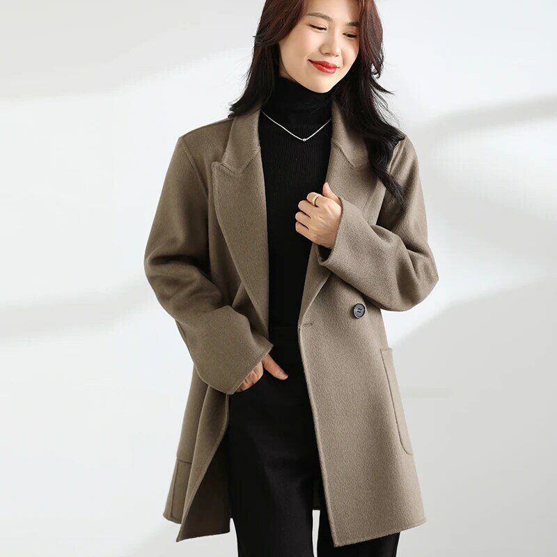 Осенне-зимнее Новое темпераментное двустороннее кашемировое пальто, женское короткое пальто из 100% чистой шерсти с карманами