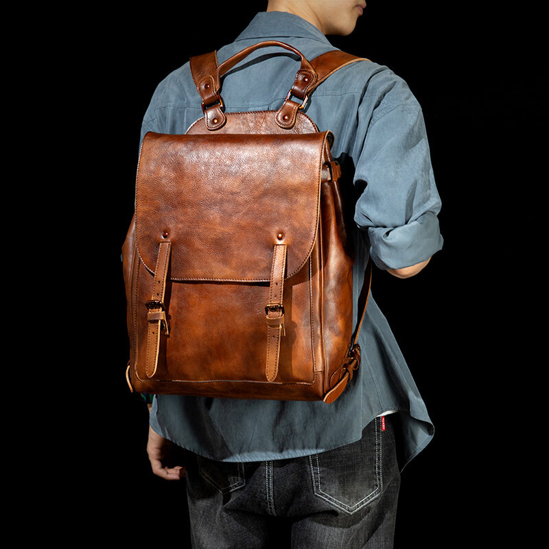 Męski luksusowy projektant plecak podróżny w stylu vintage miękki ręcznie w trudnej sytuacji koniak skórzany plecak plecak na prezenty dla torba męska