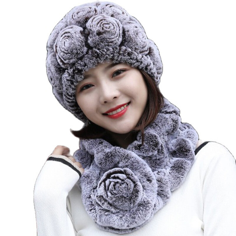 Hot Sale New Women Winter Fur Hat Scarf Sets Natural Warm Real Rex Rabbit Fur Cap Scarves Lady Knitted Genuine Fur Hats Muffler