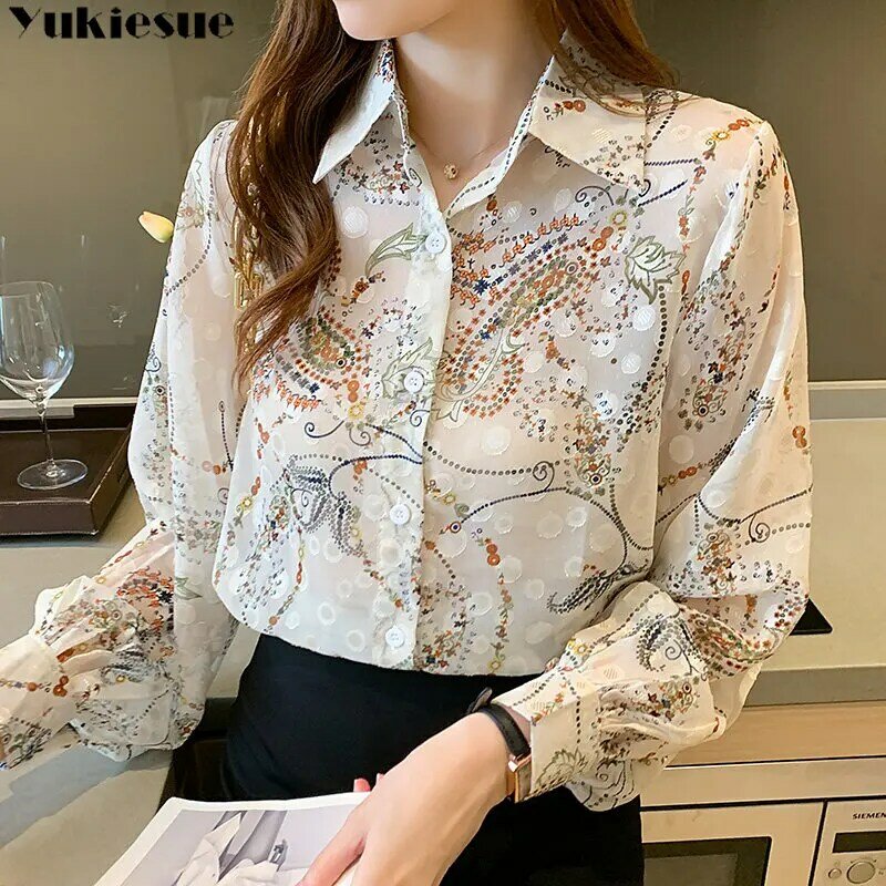 Korean Fashion Printed Women's Shirt Embroidery Printing Long-Sleeved Temperament Chiffon Shirt 2023 Spring New Loose Lapel Top