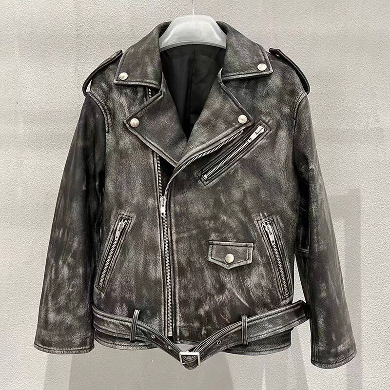 2023 Lady New Jacket Real Sheepskin Leather Distressed Women Leather Moto Biker Coat Vintage QG5481