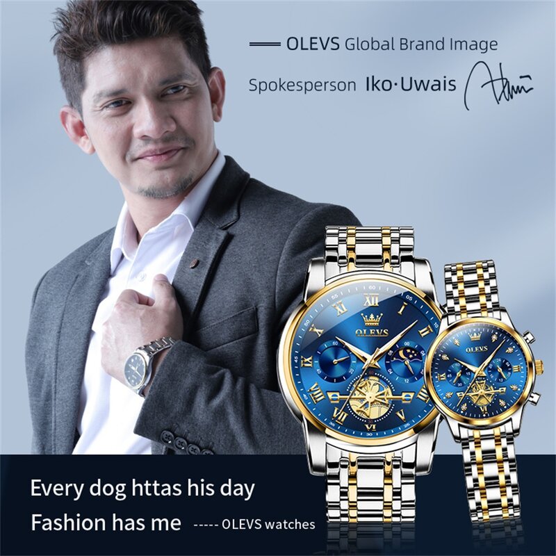 Gli amanti del quarzo cronografo di lusso di marca OLEVS guardano l'orologio da coppia di fasi lunari di moda impermeabile in acciaio inossidabile per uomo e donna