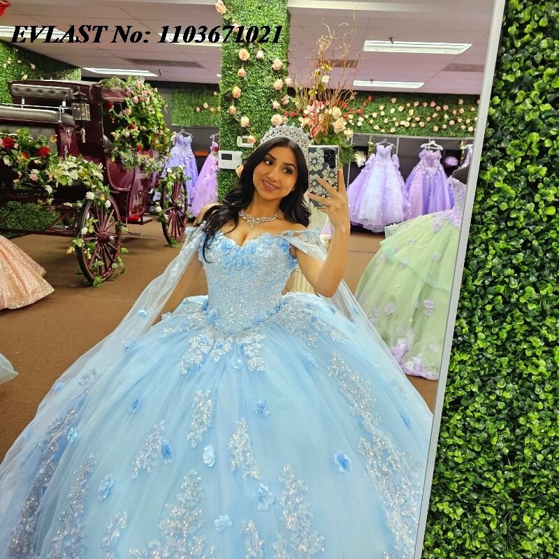 Evlast glänzend blau Quince anera Kleid Ballkleid 3d Blumen applikation Perlen Kristalle mit Umhang süß 16 vestidos de xv 15 anos sq124