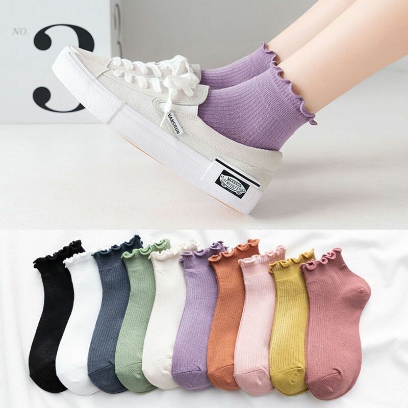 Белые милые носки с рюшами в стиле Ins, носки с рюшами, женские фиолетовые милые короткие женские носки для девочек