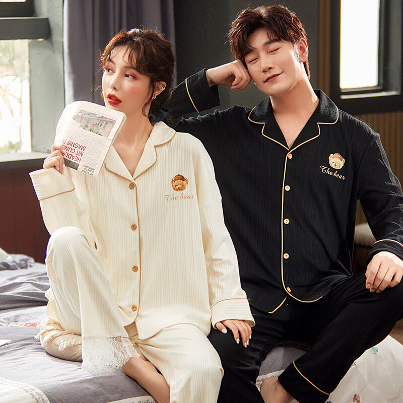 Korean Cotton Women's Pajamas Set Sleep Tops Long Pant Man's Pijamas Suit Home Suit Plus Size Female Male Nightwear Drop Ship