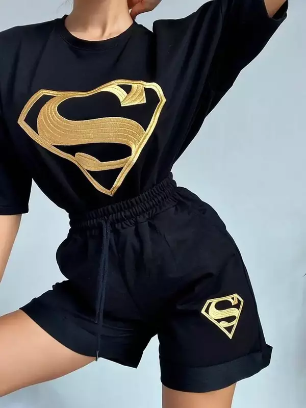 Kaos Oblong Leher Bulat Lengan Pendek Kasual Olahraga Bordir Baru Musim Panas Wanita 2023 Atasan Dua Potong Set Pakaian