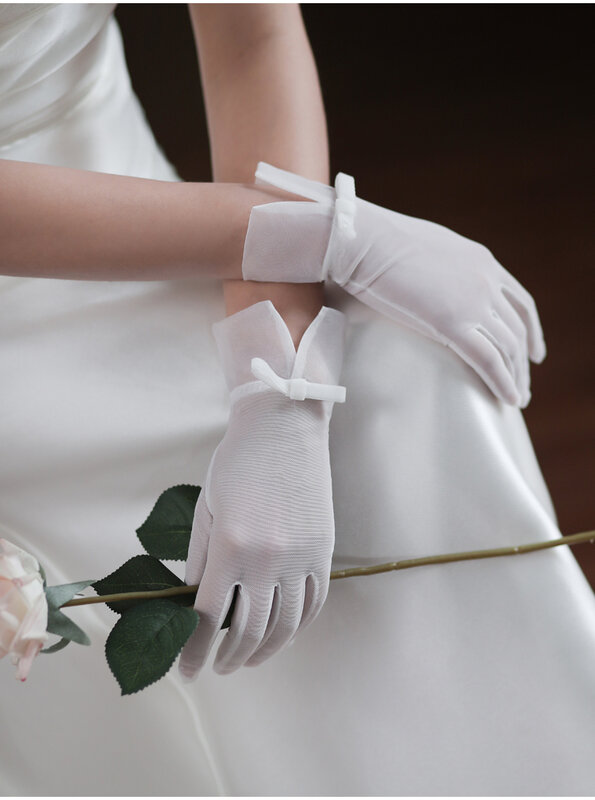 Gants de poignet en tulle blanc pour femmes, gants avec nœud, mariage, mariées, demoiselle d'honneur, tea party
