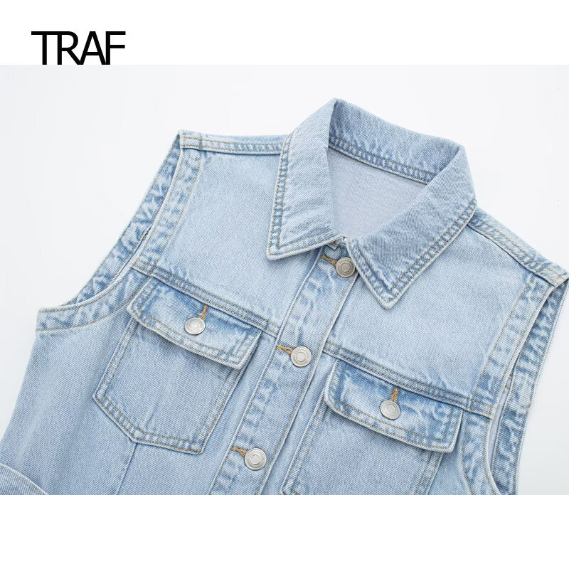 TRAF-Vestido vaquero corto sin mangas para mujer, minivestido azul claro, estilo coreano, Sexy, 2023