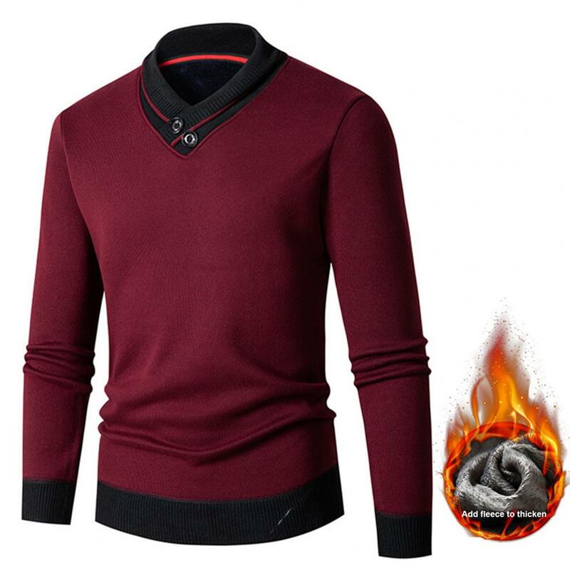 Suéter ajustado de punto con cuello en V para hombre, Jersey grueso y elástico, cálido, Color de contraste, para Otoño e Invierno