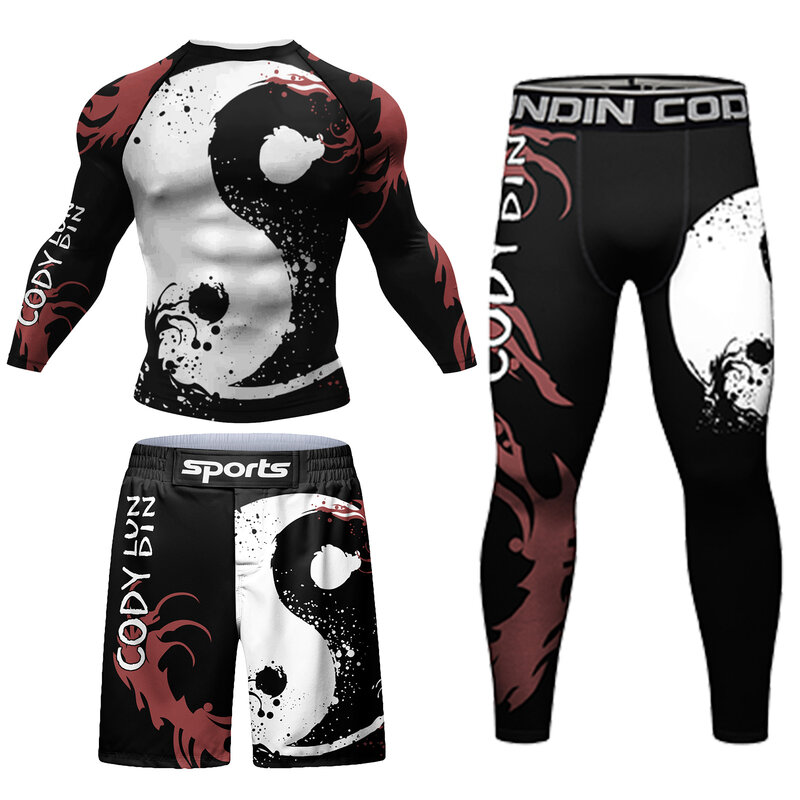 Setelan pakaian balutan motif naga untuk pria, setelan pendek pakaian Kickboxing Cody Lundin kaus kompresi Spats Thai MMA